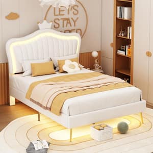 White Wood Frame Full Size PU Leather Upholstered Platform Bed with Princess Crown Headboard, LED Lights, Metal Legs