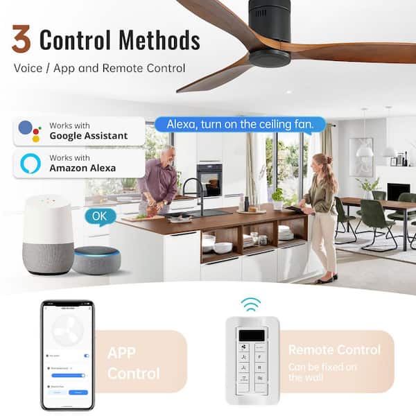 52 in. Indoor/Outdoor Smart Standard Flush Mount 3-Carved Wood Fan Blades Black Ceiling Fan with Romote/App Control