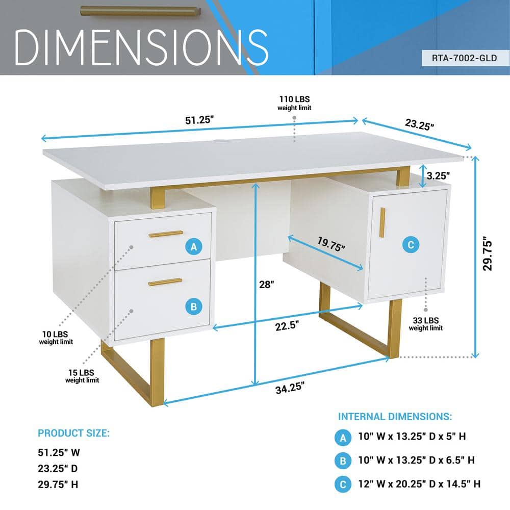 White and Gold Modern Writing Desk with Storage Drawers