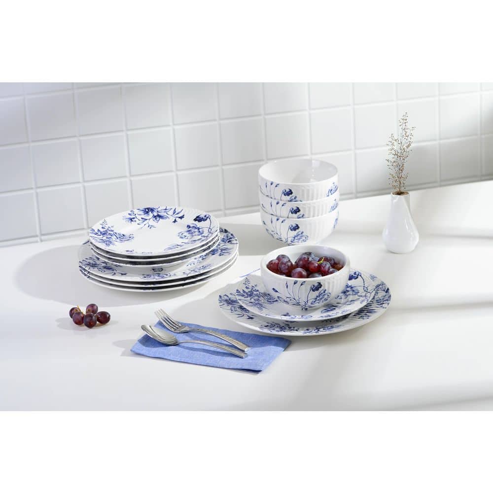Cassian Blue Floral Embossed Porcelain 12-Piece Dinnerware Set