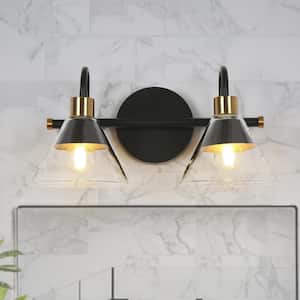 Black Bathroom Vanity Light, 13.8 in. 2-Light Gold Wall Sconce Light with Clear Glass Shades