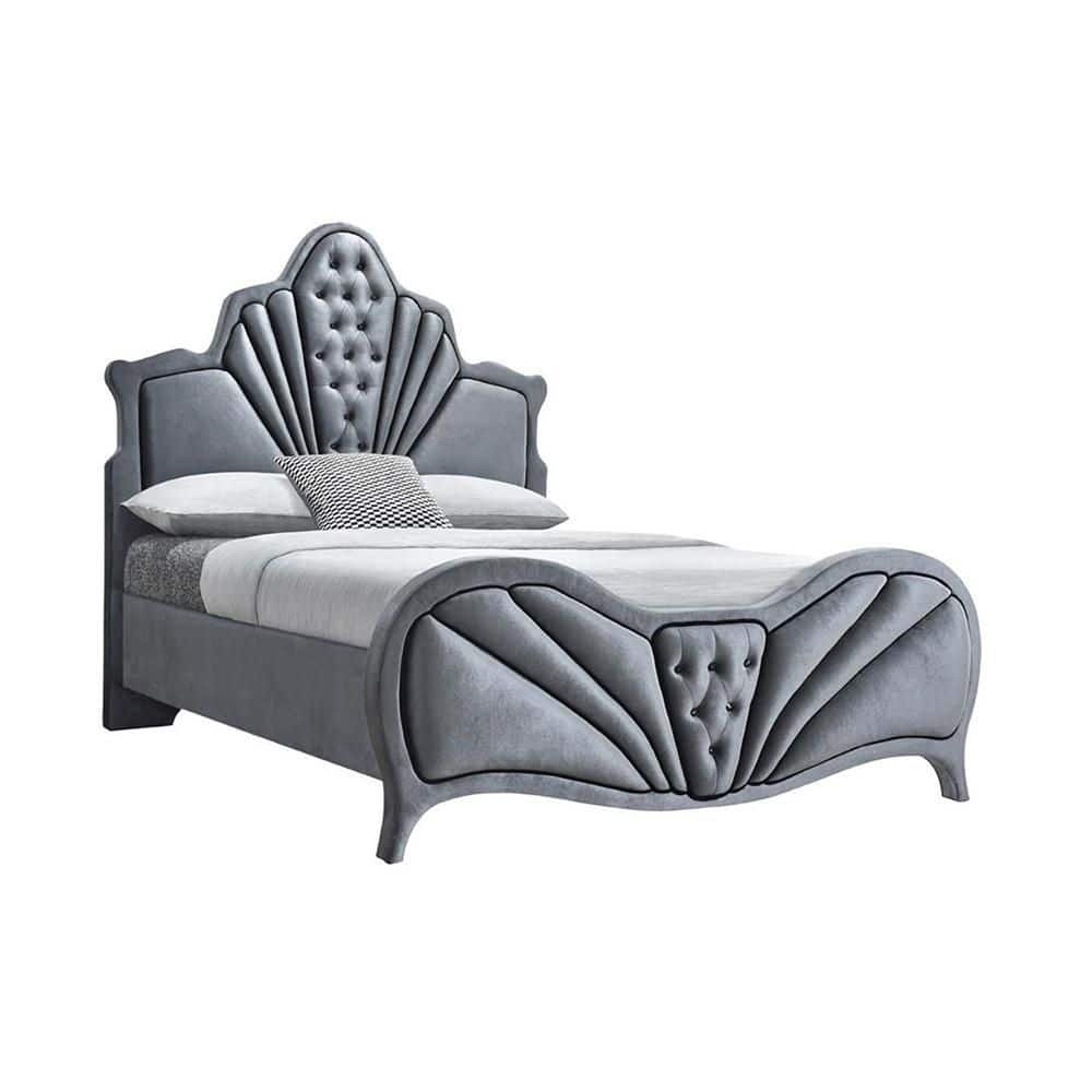 Gray Velvet Queen Platform Bed with Tufted Headboard and Storage Drawer
