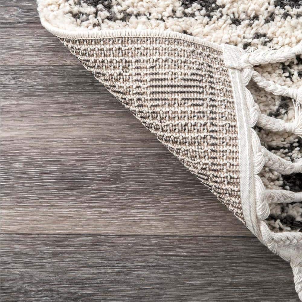 Off-White Round Moroccan Shag Area Rug with Tassels
