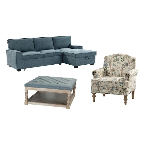 JAYDEN CREATION Romain 3-Piece Bird polyester Cotton and Linen Living Room Set with Storage Sofa