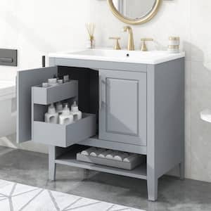 30 in. x 18 in. x 33 in. Modern Freestanding Storage Gray Bath Vanity Cabinet with Slide Drawers, White Caremic Sink Top