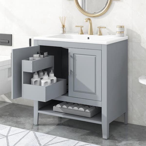 Magic Home 30 in. x 18 in. x 33 in. Modern Freestanding Storage Gray Bath Vanity Cabinet with Slide Drawers, White Caremic Sink Top