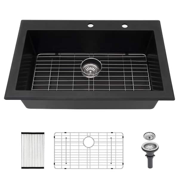 32.9 in. Drop-in/Top Mount 9.65 in. Deep Single Bowl Sink Black Qt. Composite Kitchen Sink 2-Holes Round Corner