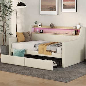 Beige Wood Twin Size PU Leather Upholstered Daybed with 2-Drawer, LED Lights, 2-Shelves, USB Charging, Nailhead Trim