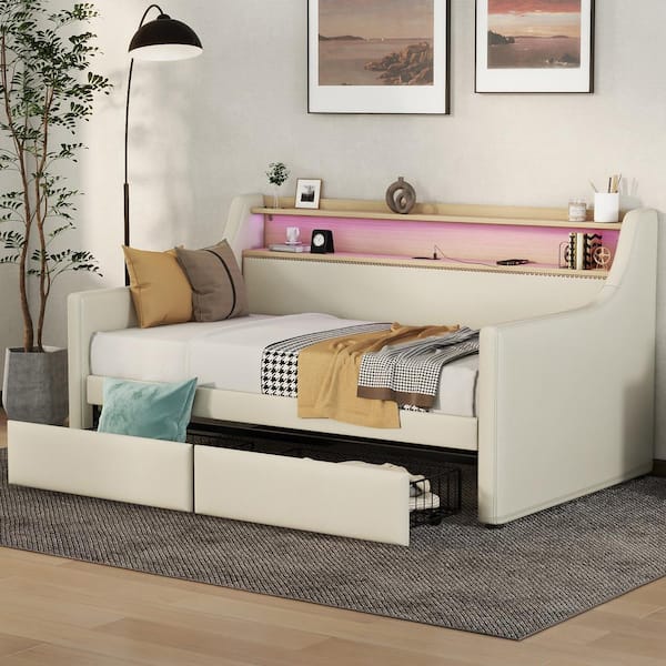 Harper & Bright Designs Beige Wood Twin Size PU Leather Upholstered Daybed with 2-Drawer, LED Lights, 2-Shelves, USB Charging, Nailhead Trim