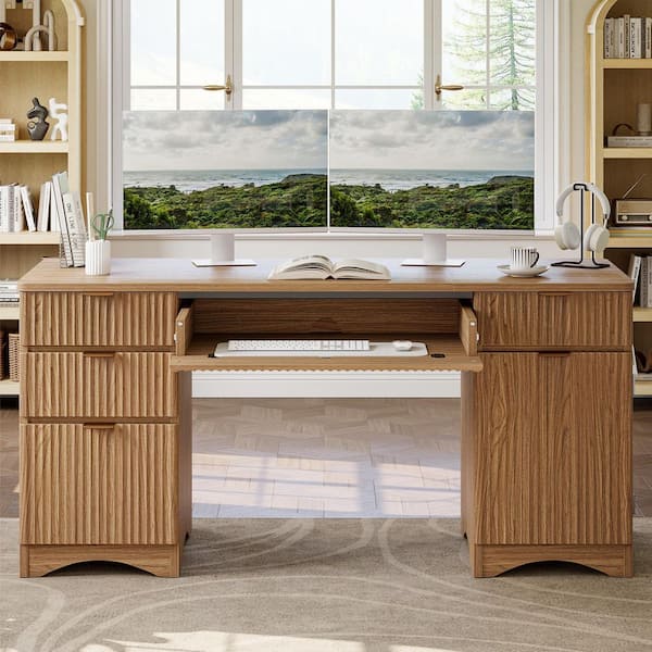 Bestier 63 in. Brown Fluted Executive Desk with 4 Drawers and Flip