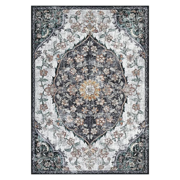 Vintage Printed Rug Low Pile Non-Slip Thin Carpet Living Room Decorative Carpet for Bedroom Kitchen Black，9X12ft
