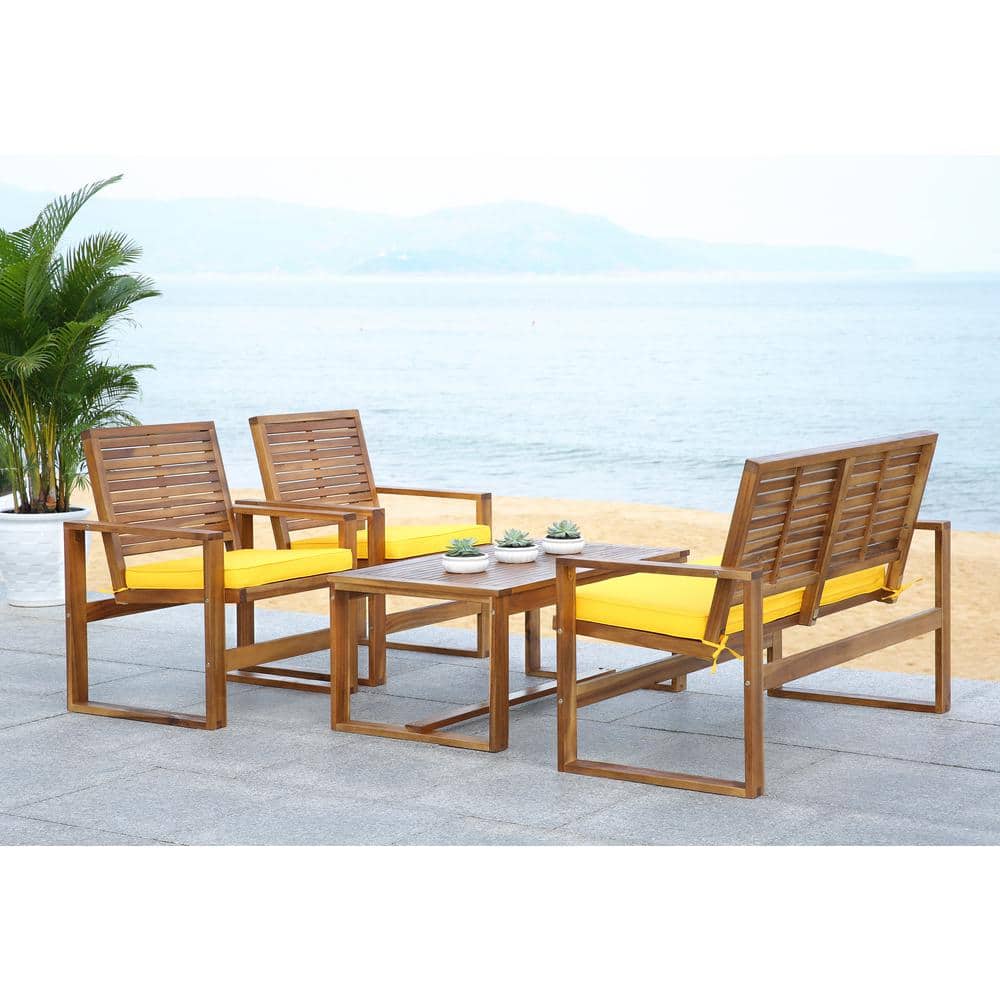 Ozark Brown Acacia 4-Piece Outdoor Patio Set with Yellow Cushions