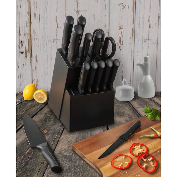 15-Knife Stainless Steel Set with Knife Block in Black for Knife Storage Organizer, Anti-Slip Handle