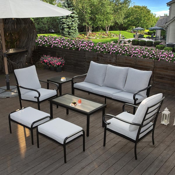 MEOOEM 7-Piece Metal Outdoor Sectional 3-Seater Sofa Set with Gray Cushions, Patio Chairs, Ottomans, Coffee Table, Side Table