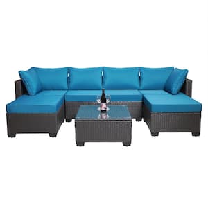 7-Piece Black Wicker Rattan Outdoor Sectional Set with Light Blue Cushions and Coffee Table