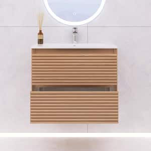 BRON 24 in. W Single Sink Wall-Mounted Bath Vanity in Walnut with White Ceramic Top