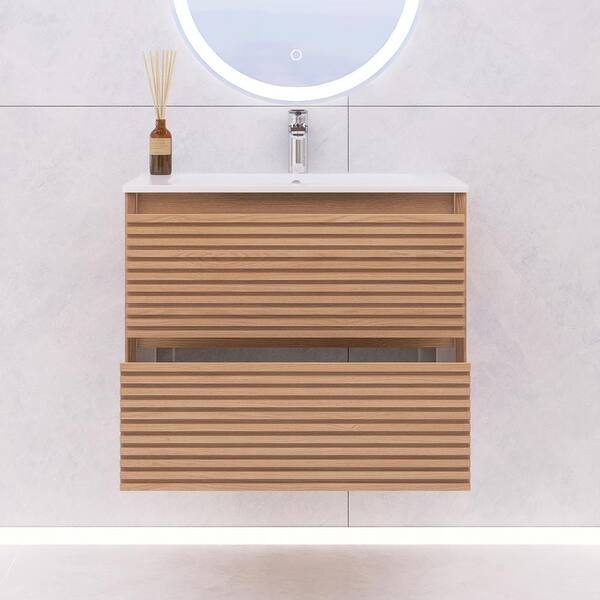 JimsMaison BRON 24 in. W Single Sink Wall-Mounted Bath Vanity in Walnut with White Ceramic Top