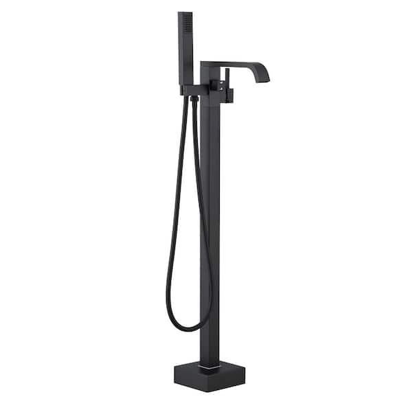 Tahanbath Double Handle Floor Mount Freestanding Tub Faucet with Hand Shower in Matte Black