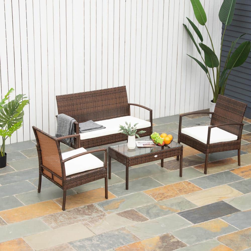 Boho Chic Dark Brown Wicker 4-Piece Outdoor Conversation Set with Cream Cushions
