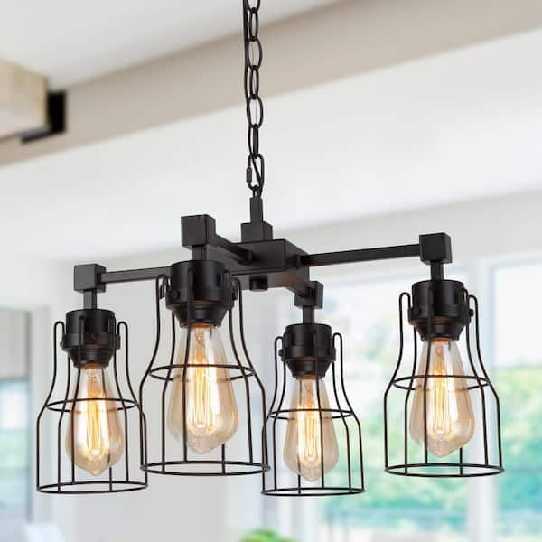 LNC 4-Light Black Industrial Island Chandelier for Kitchen Dining Room Modern Coastal Pendant Light with Metal Cage Shades