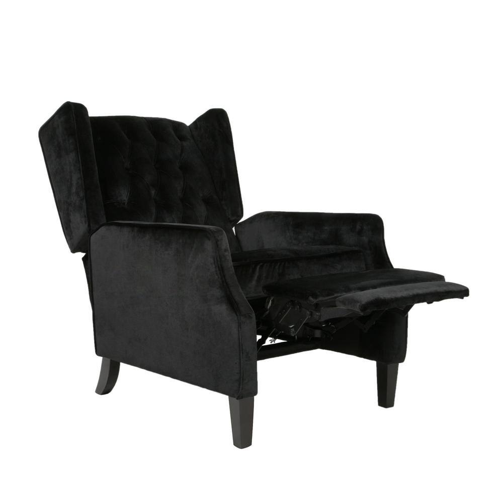 Handcrafted Black Velvet Wingback Recliner with Wood Legs