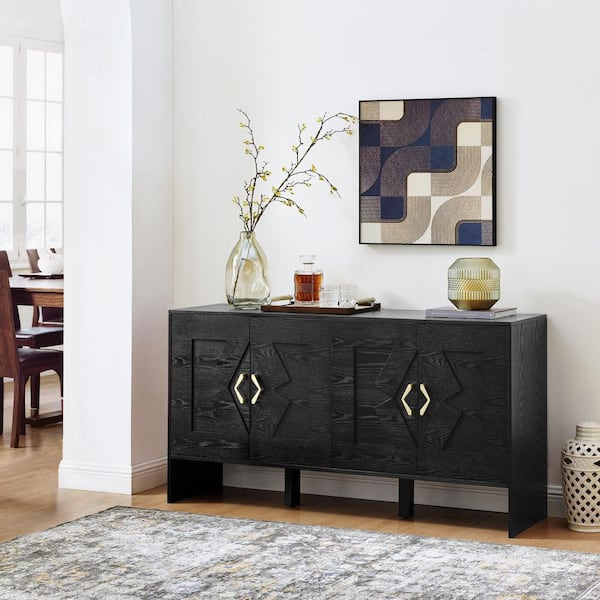 Mid-Century Modern Black Wood 60 in. Sideboard with Geometric Pattern and Adjustable Shelves