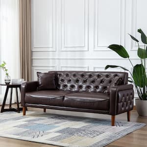 78 in. Wide Square Arm Faux Leather Mid-Century Modern Straight Tufted Sofa with Pillows in Brown