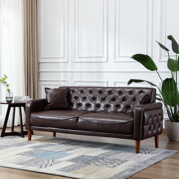Lege med underviser Måling KINWELL 78 in. Wide Square Arm Faux Leather Mid-Century Modern Straight  Tufted Sofa with Pillows in Brown HX2047BN - The Home Depot