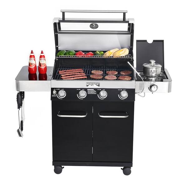 Monument Grills 4-Burner Propane Gas Grill in Stainless with Clear View  Lid, LED Controls, Side and Sear Burners 35633 - The Home Depot