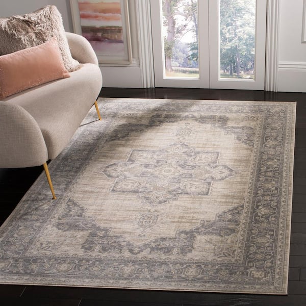 Brentwood Cream/Gray 7 ft. x 7 ft. Square Medallion Border Floral Area Rug