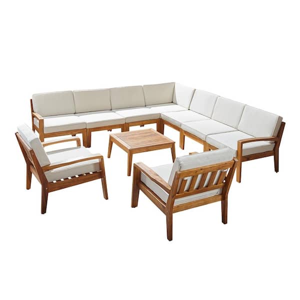 Grenada Teak Brown 10-Piece Wood Outdoor Patio Conversation Set with Cream Cushions