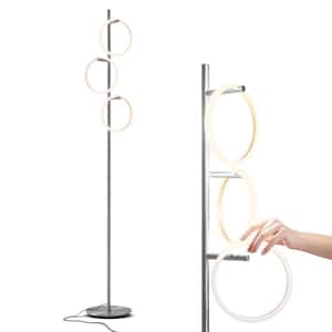 Saturn 66 in. Platinum Silver Industrial 3-Light 3-Way Dimming LED Floor Lamp with 3 Replaceable LED Rings