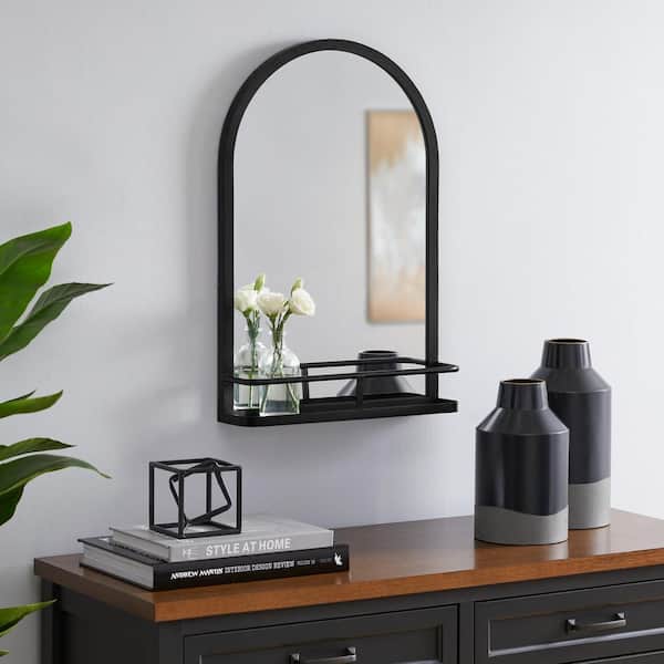 Home Decorators Collection Medium Modern Arched Black Framed Mirror with Shelf (16 in. W x 24 in. H)
