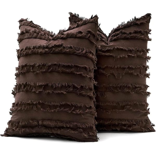 Dark Brown Boho Striped Tassel Pillow Covers - Set of 2, 18 in. x 18 in.
