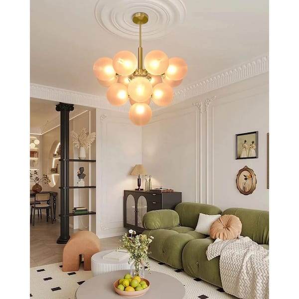 23.6 in. 13-Light Modern Gold Cluster Bubble Chandelier with Globe Frosted Glass Shades