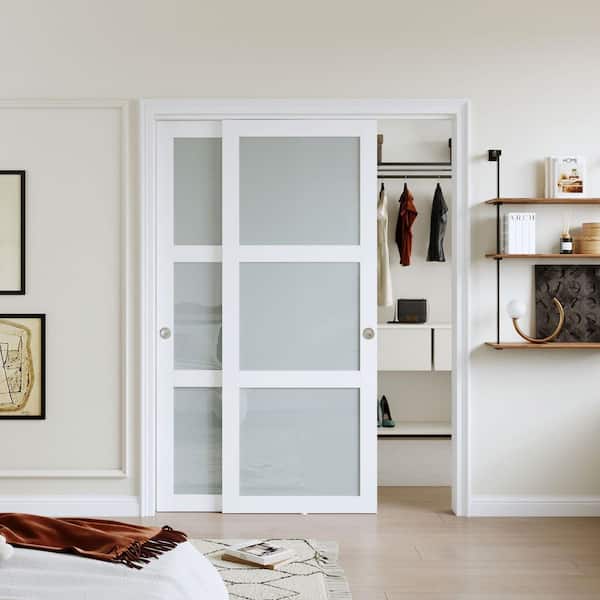 60 in. x 80 in. 3-Lite Tempered Frosted Glass White Finished MDF Closet Sliding Door with Hardware Kit
