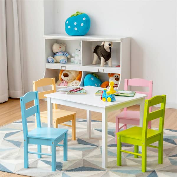 Costway Kids 5-Piece Wood Top multi-colored White Table and Chair Set Children Activity Playroom Furniture Gift