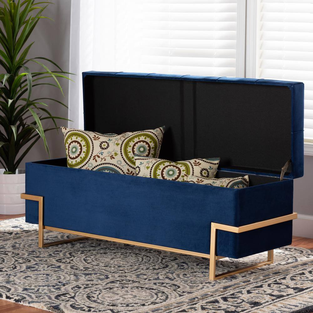 Parker Navy Blue Velvet and Gold Metal Storage Ottoman