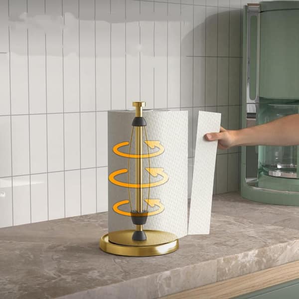 Gold Stainless Steel Paper Towel Holder, Paper Towel Roll Holder Stand with Ratchet Mechanism for Kitchen Countertop