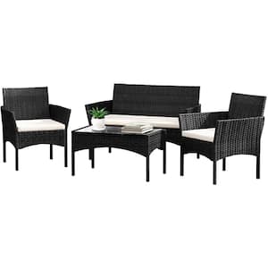 4-Piece Wicker Outdoor Patio Conversation Seating Set with White Cushions and Coffee Table