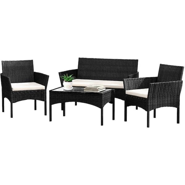 SKONYON 4-Piece Wicker Outdoor Patio Conversation Seating Set with White Cushions and Coffee Table