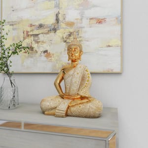 Gold Polystone Meditating Carved Buddha Sculpture with Intricate Carvings and Mirrored Embellishments