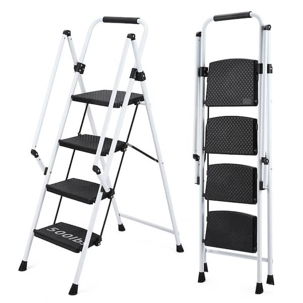 Reach 8 ft. White 4-Step Strong Steel Ladder 4.5 ft. Wide Anti-Skid Pedal and Safety Handle