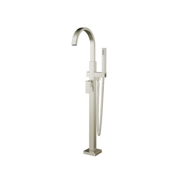 Contemporary Single-Handle Floor-Mount Roman Tub Faucet with Hand Shower for Flash Rough-In Valves in Brushed Nickel