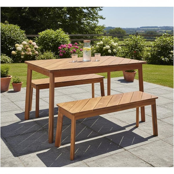 3-Piece Acacia Wood Outdoor Dining Set with 2 Benches for Patio