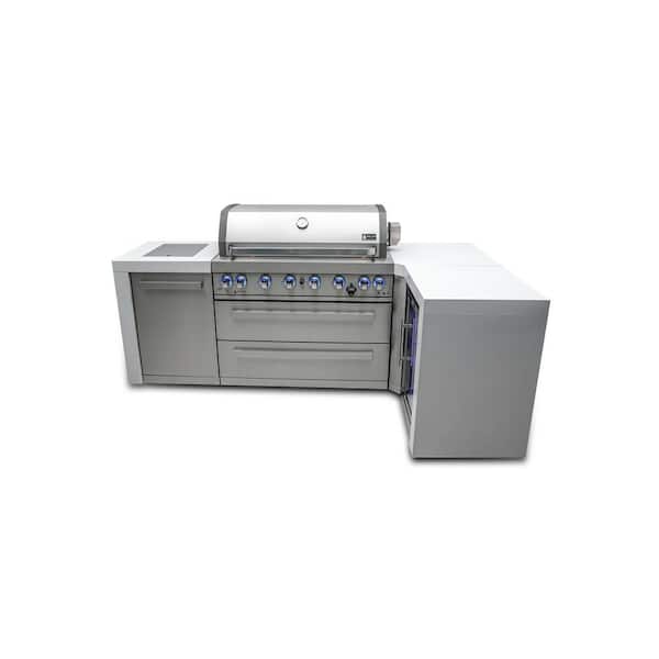 Deluxe Series 4-Burner 90-Corner Outdoor Kitchen with Refrigerator Propane Natural Gas Grill Island in Stainless Steel