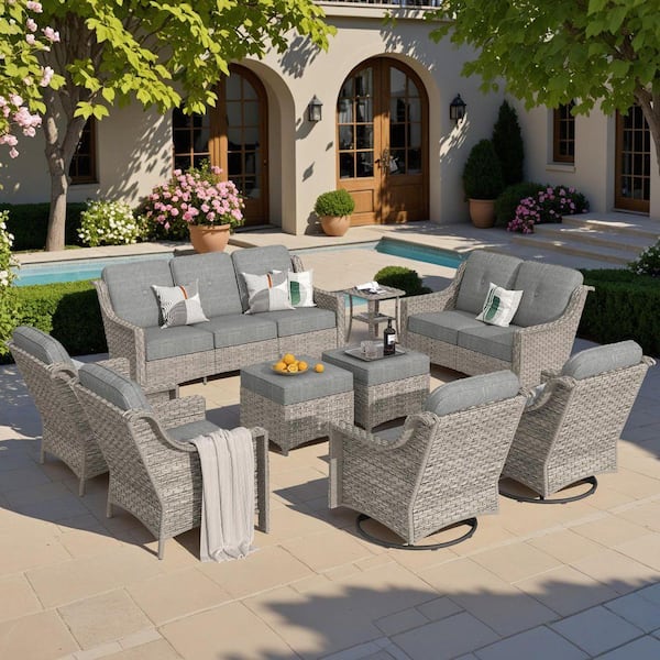 Eureka Gray 9-Piece Wicker Modern Outdoor Patio Conversation Sofa Seating Set with Swivel Chairs and Dark Gray Cushions
