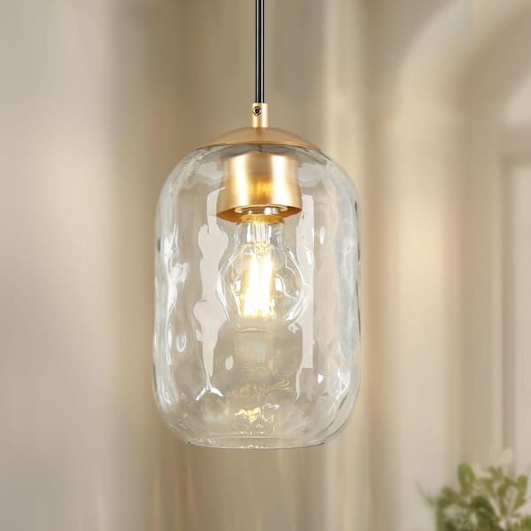 Modern Farmhouse 1-light Dark Gold Pendant Light, Water Glass Shade Hanging Light, Mini Chandelier for Dining Room