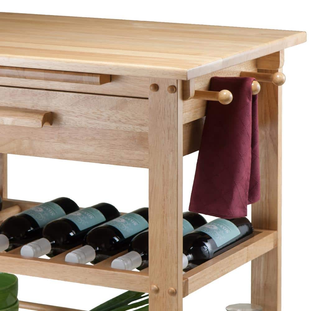 Transitional Brown Wood Kitchen Cart with Wine Storage and Knife Block