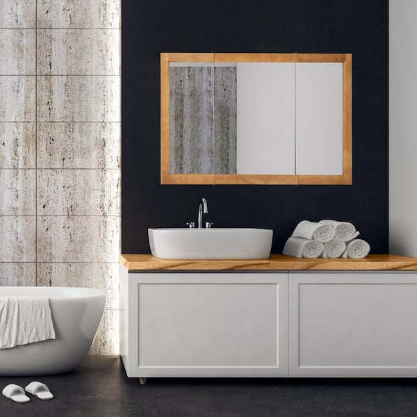 Richland 48 in. x 30 in. 4-4/5 in. Surface-Mount Tri-View Bathroom Medicine Cabinet in Nutmeg Oak